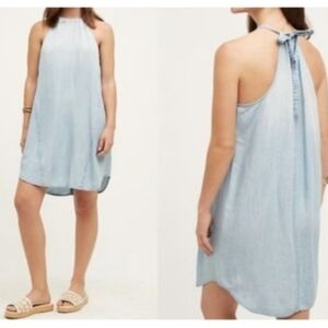 Anthropologie Light Blue Chambray Sleeveless Halter Tie Neck Shift Dress